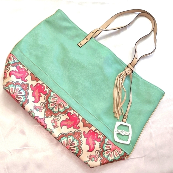 Ellen Tracy Faux Leather Tote Shoulder Bag Purse Turquoise With Floral Trim - Picture 1 of 13